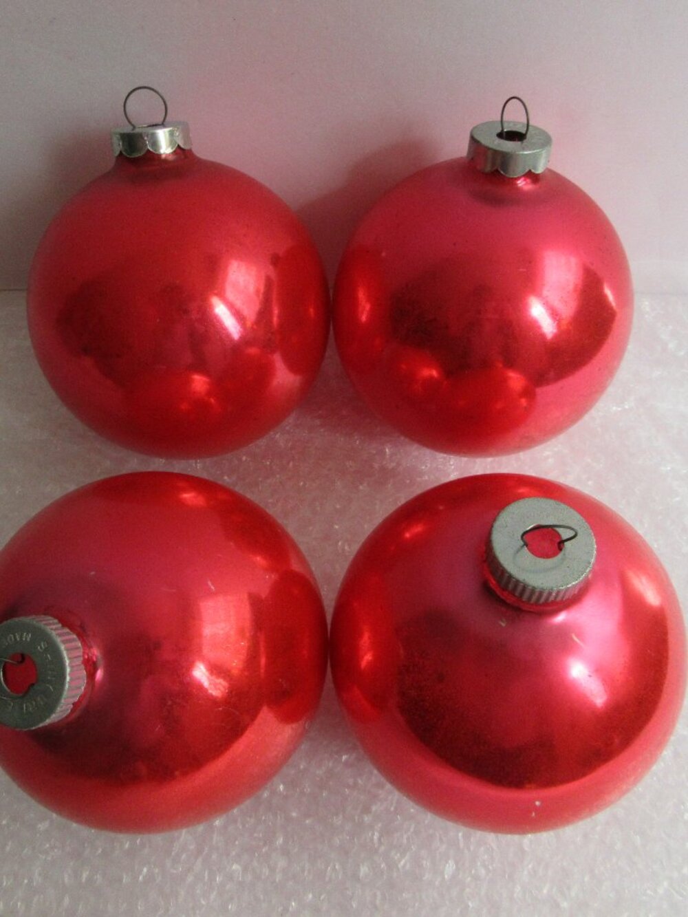 4 Shiny Brite Glass Ornaments Large (3") Red Made in USA Vintage